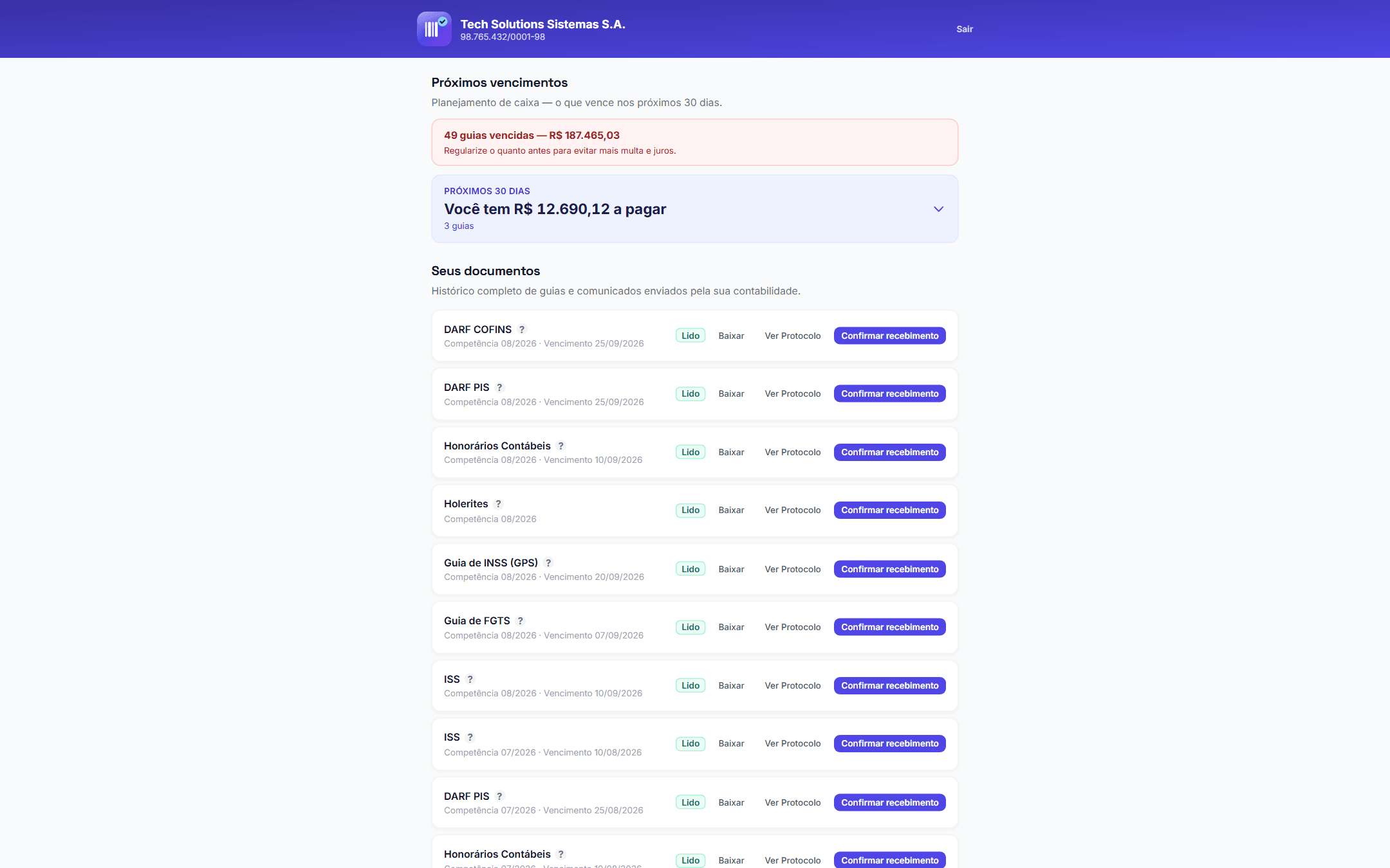 Tela real do Guia Pronta: Portal do cliente