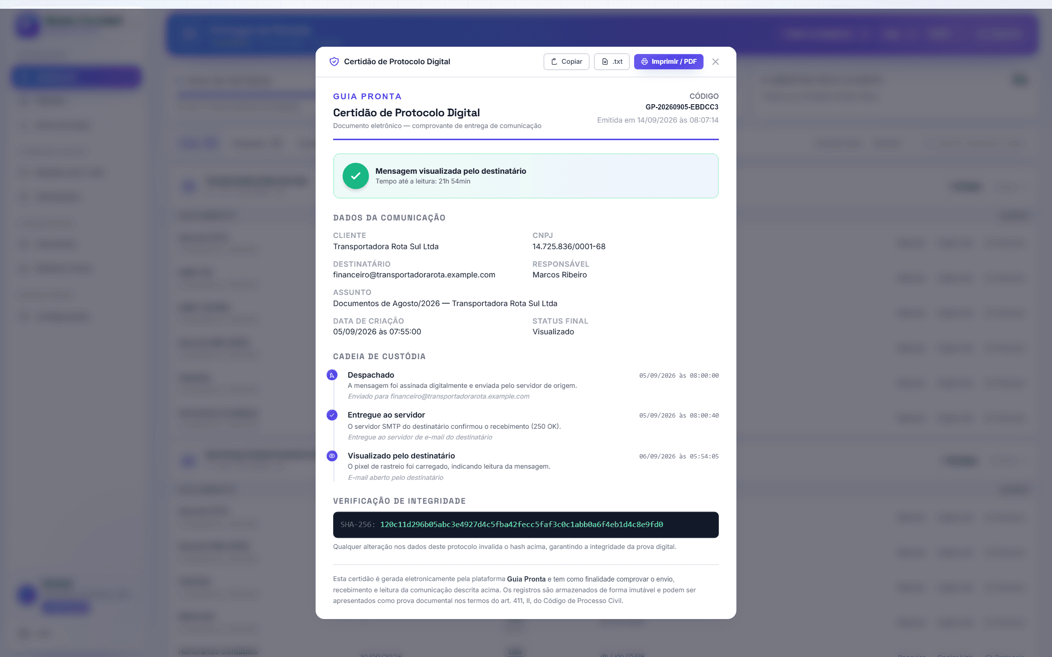 Detalhe da certidão de protocolo digital com cadeia de custódia